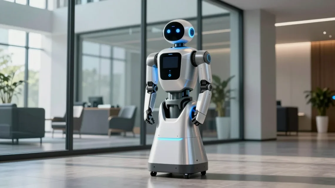 현대적인 기업 로비에서 경비를 서고 있는 AI 로봇의 모습으로 SoftBank 18B robot guard 전략을 상징합니다.
