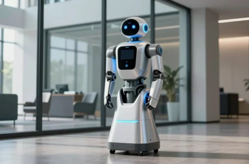 현대적인 기업 로비에서 경비를 서고 있는 AI 로봇의 모습으로 SoftBank 18B robot guard 전략을 상징합니다.