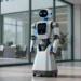 현대적인 기업 로비에서 경비를 서고 있는 AI 로봇의 모습으로 SoftBank 18B robot guard 전략을 상징합니다.